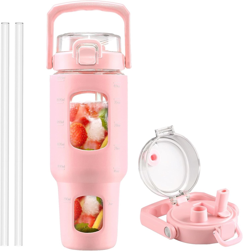BLUEGO 40 oz Glass Water Bottle with Straw, Leakproof Glass Drinking Bottle with Time Marker and Silicone Sleeve, Wide Mouth Water Bottle for Travel, Gym, Workout, Pink