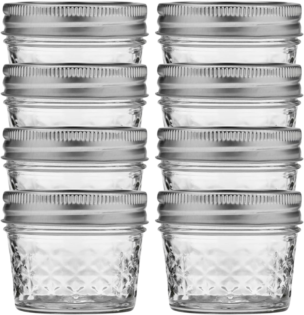 Ball Wide Mouth Quilted Crystal Jelly Jars with Lids and Bands, Used for Canning, Pickling, Juice, Jam, Jelly, Quarter Pint Size (4 Ounce (Pack of 8))