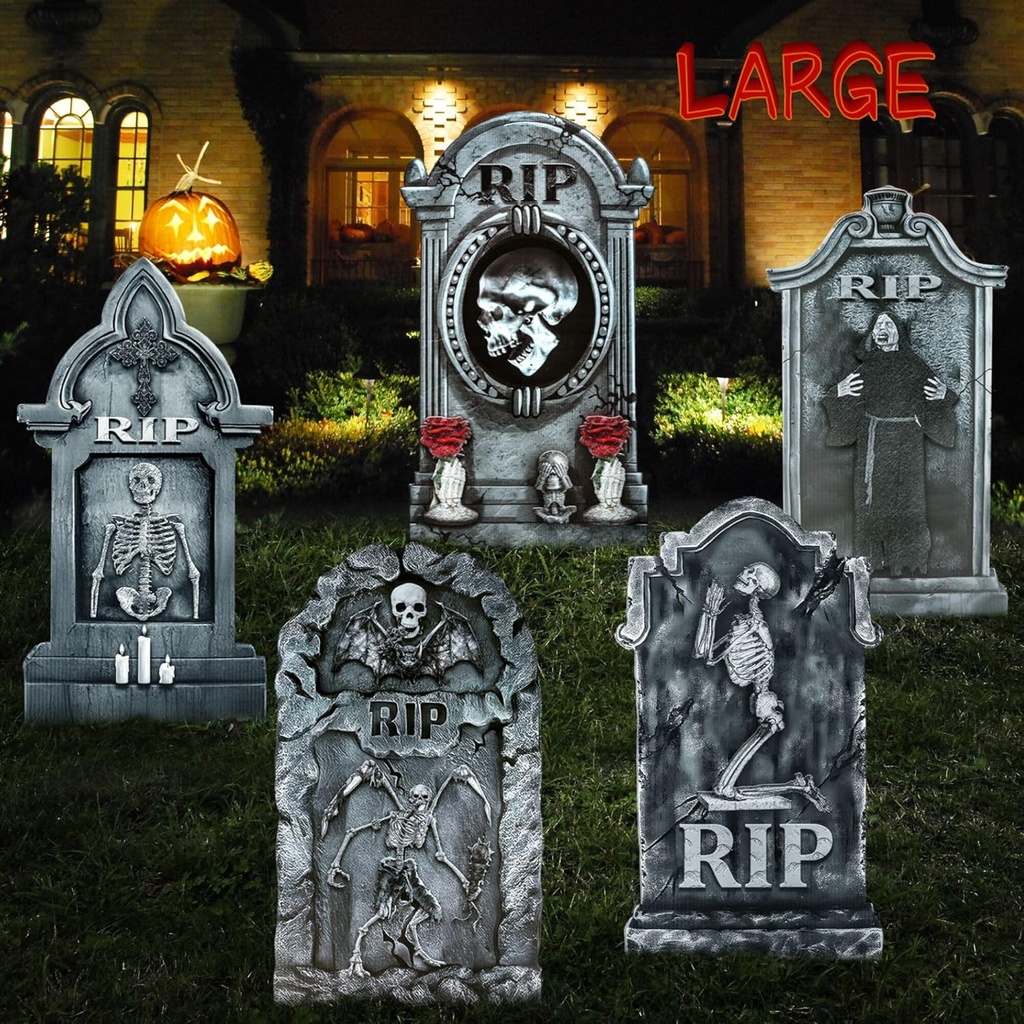 Roberly 24" Large Halloween Graveyard Decorations, 5PCS Tombstone Halloween Headstones Yard Stakes RIP Skeleton Cemetery Graveyard Signs for Outdoor Garden Lawn Haunted House