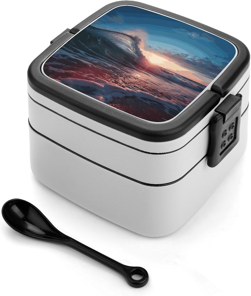 Ocean Tide Waves Bento Box with Compartments Double Layer Bento Lunch Box with Spoon And Handle All-in-One Adult Lunchbox Leakproof Lunch Container for Work Picnic Travel