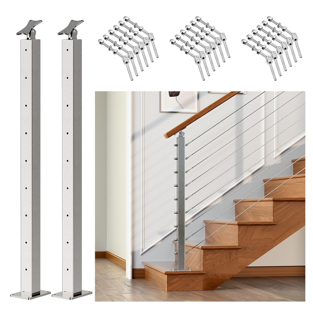 2Pack 36inch Cable Railing Post Stainless Steel Adjustable Angle End Post for 1/8" Deck Cable Railing, Silvery