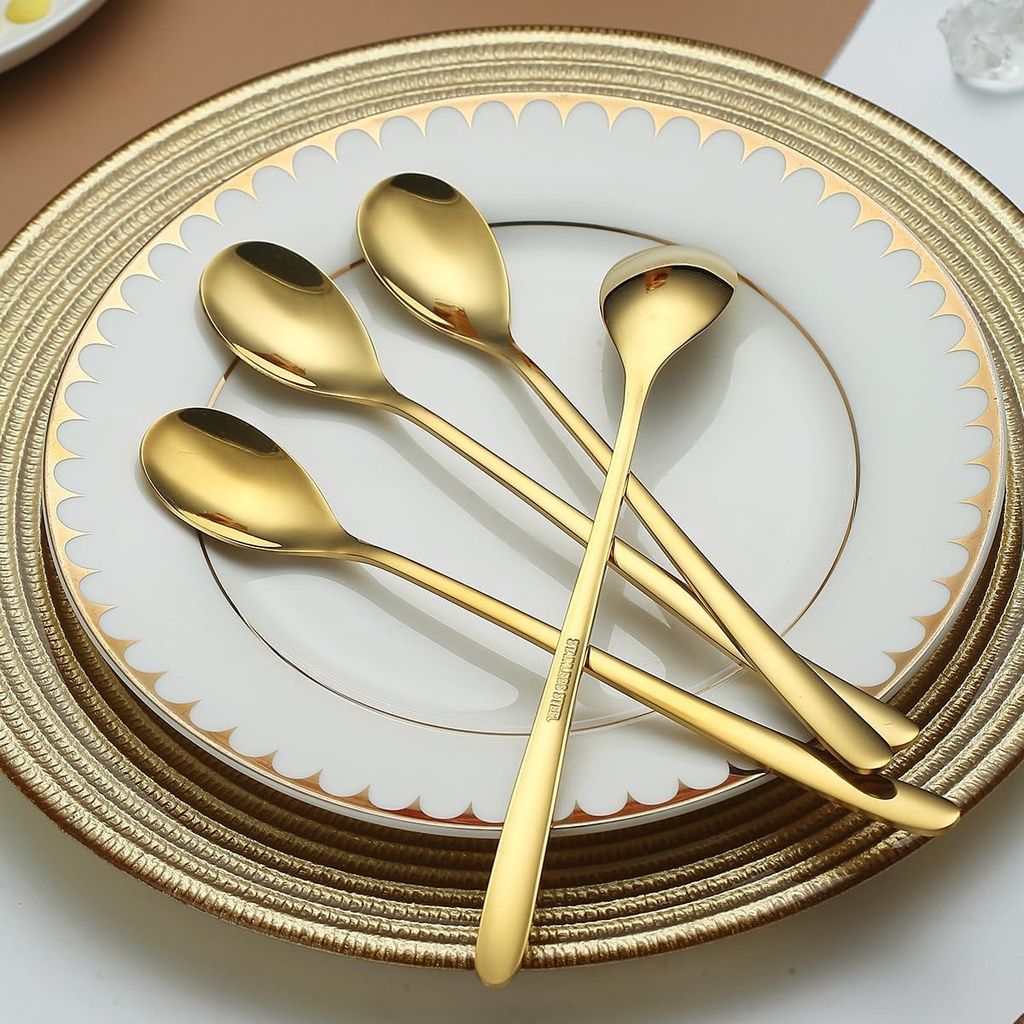 Generic Gold Long Handle Iced Tea Spoons Set of 4 Pieces, Titanium Plated Stainless Steel, Stirring Bar, Coffee, Ice Cream, Cocktail Spoons, Dishwasher Safe