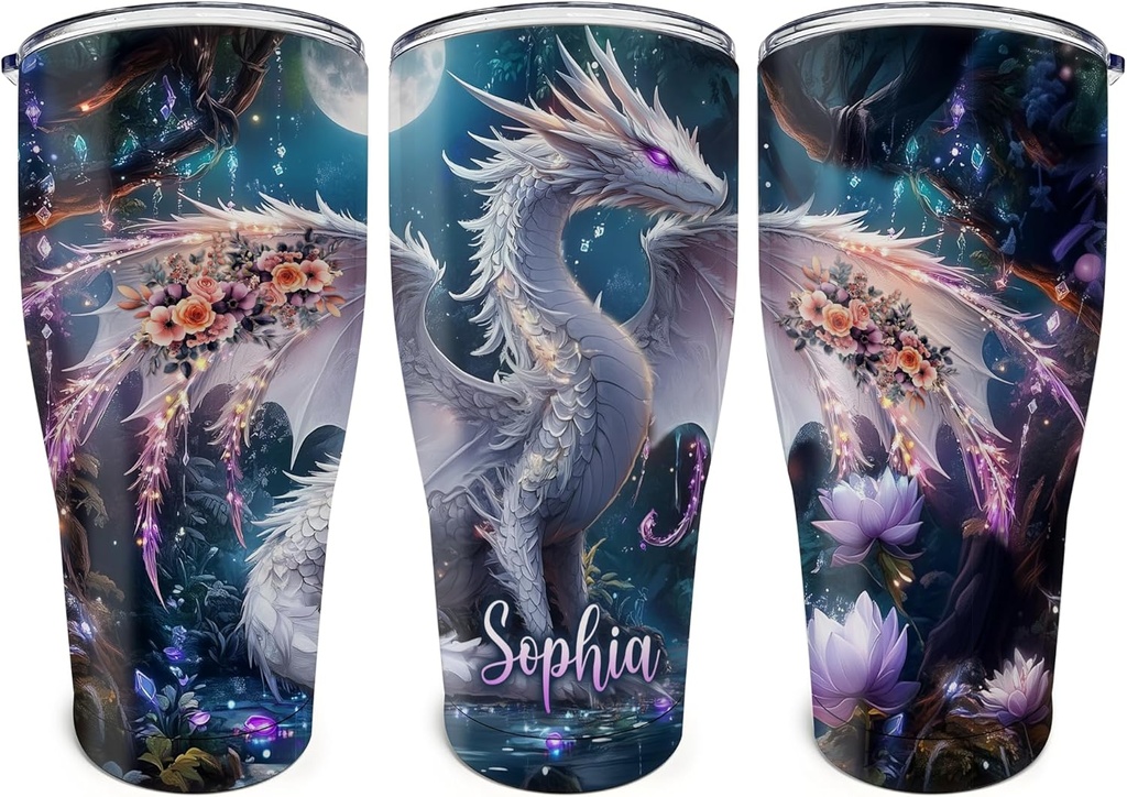 Personalized Dragon 30 oz Tumbler Gifts For Dragon Lovers, Cute Dragons Themed Gifts for Women; Animal Lovers Gift on Birthday Christmas, Custom Name Insulated Stainless Steel Travel Cup