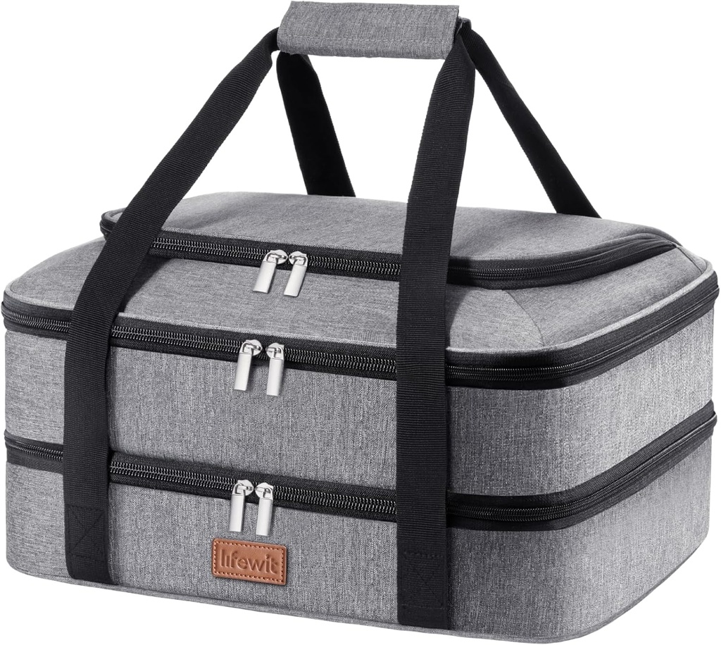 Lifewit Double Decker Casserole Carrier for Hot and Cold Food, Insulated Casserole Dish Carrier Carrying Case with Tool Room, Thermal Bag for Potluck Parties Cookouts Fits 9"×13" Baking Dish, Gray