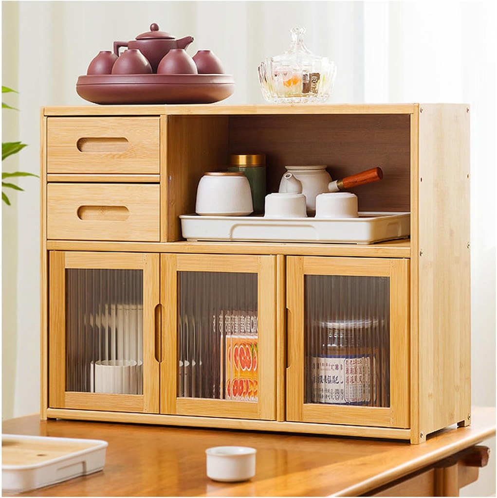 Bread Box for Kitchen Counter, with Drawer and Open Storage, Bamboo Layer Bread Box, Bread Storage Capacity for Kitchen Counter Corner, Cabinet,Natural,63×49cm/25×19in