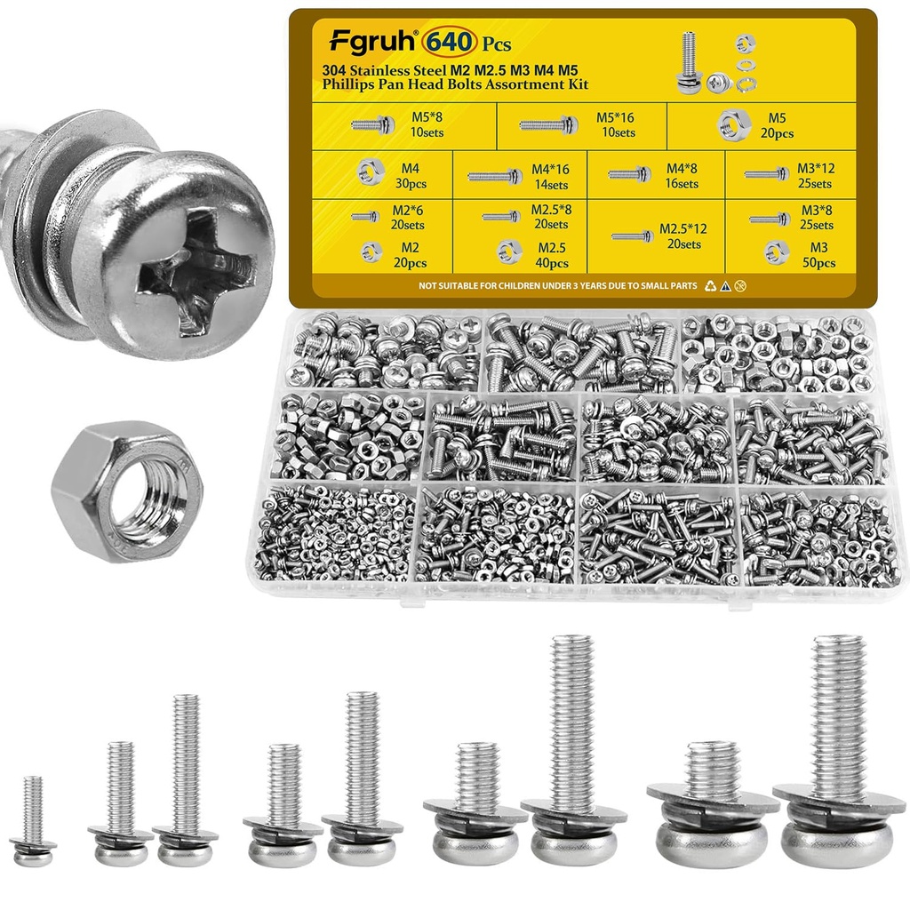 640PCS Machine Screws Assortment Kit, M2 M2.5 M3 M4 M5 Nuts and Bolts Assorted Set, 304 Stainless Steel Metric Combination Screw with Fixed Washers (All-in-One Design)