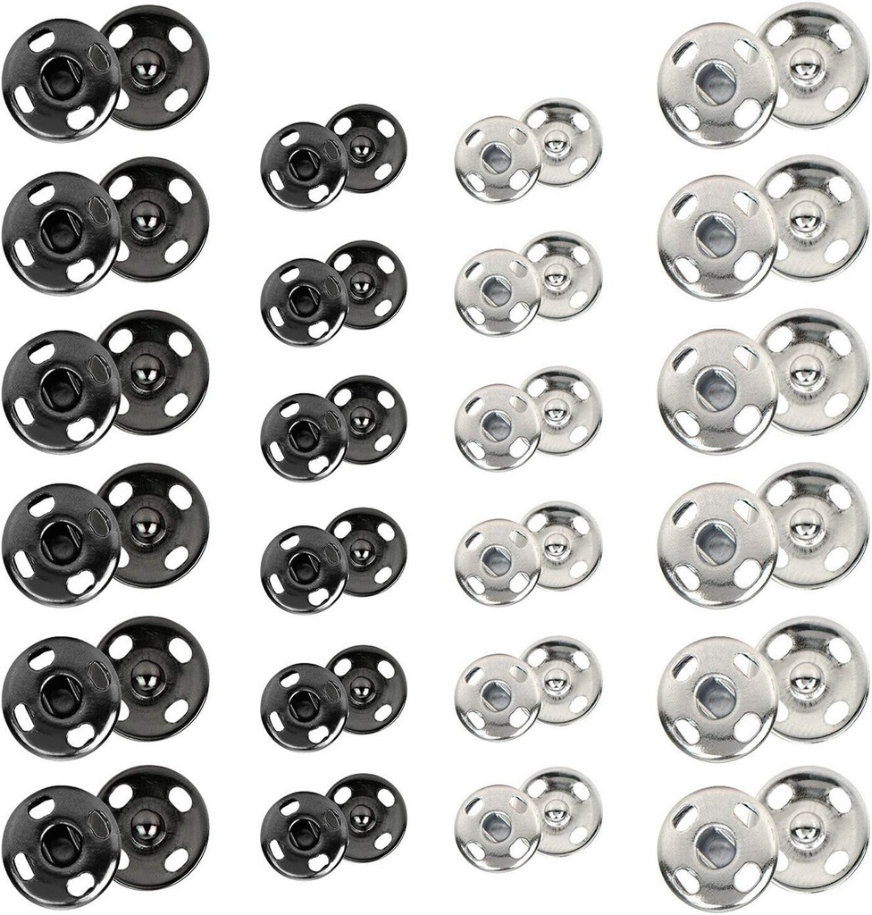 Kenkio 120 Sets Sew-on Snap Buttons Metal Snaps Fasteners Press Studs Buttons for Sewing, 8 mm and 10 mm,Black and Silver