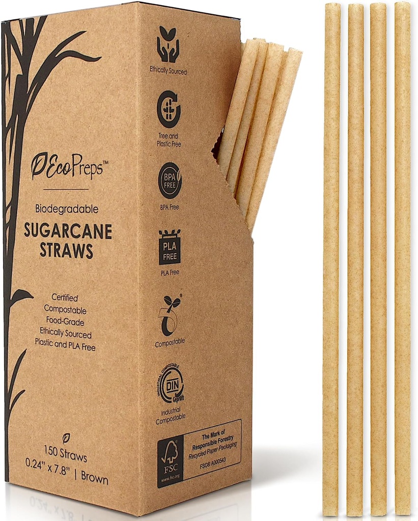 Biodegradable Sugarcane Straws | 150 Count, 100% Compostable, Plastic-Free, & Eco-Friendly Drinking Straw | 7.8'' Sugar Fiber Disposable Straws, Smoothie Straw for Home, Restaurant, Parties