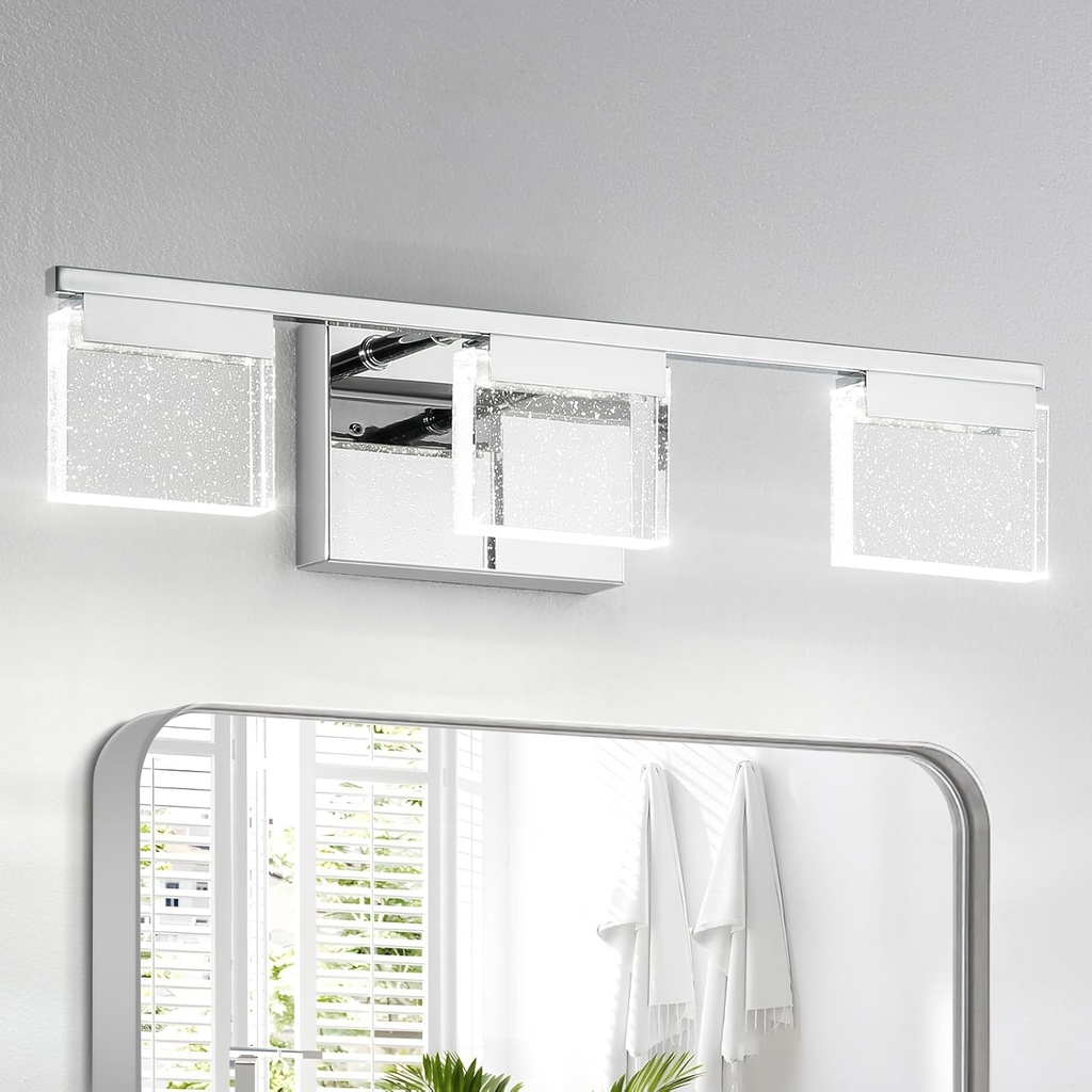 OKELI LED Modern Bathroom Vanity Light Fixtures, 3-Light, 19.1 Inch, 6000K Crystal Bubble Wall Lighting Fixtures Over Mirror, Dimmable Chrome Bathroom Vanity Lights Bar for Bedroom