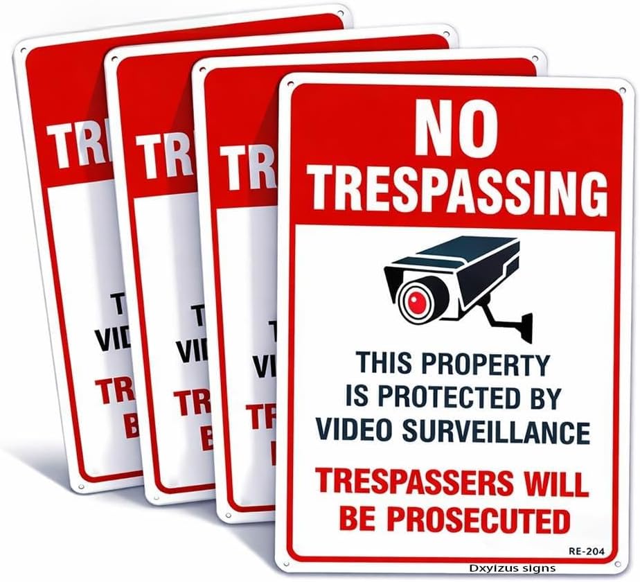 Large Video Surveillance Signs Outdoor, 4-Pack No Trespassing Sign Aluminum 10x14 Inch UV Ink Printed for House and Business