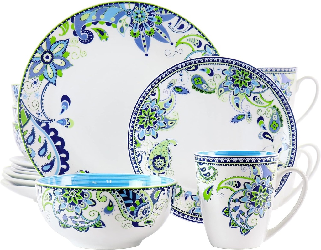 Elama Blue Crush 16 Piece Round Porcelain Dinnerware Set Mandala Paisley