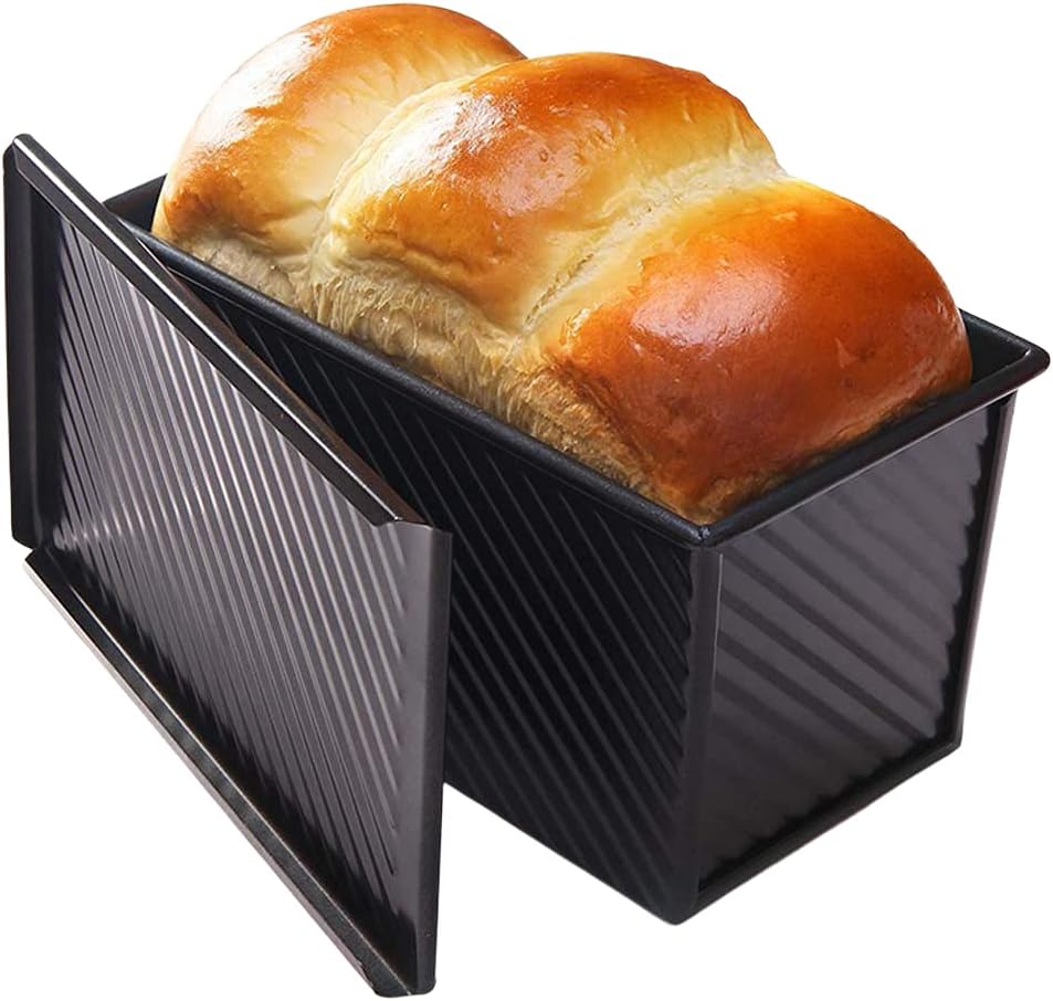 CANDeal Loaf Pan with Cover/Bread Baking Mould Cake Toast/Non-Stick Toast Box with Lid for 450g Dough, Vented Hole for Rapid Baking, Made From Heavy-gauge Carbon Steel (Black, Wavy Style)
