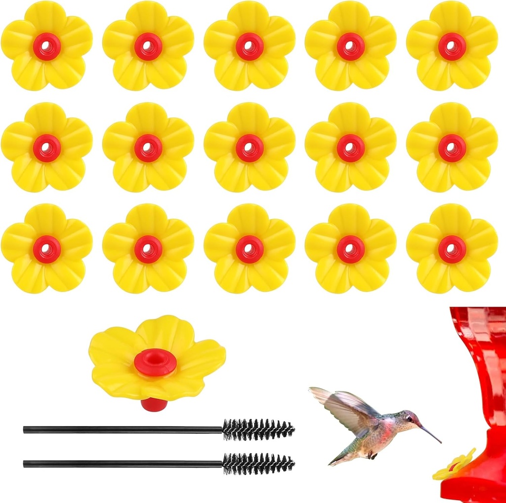 16 Pieces Hummingbird Feeders Replacement Flowers Yellow Pet Replacement Bird Feeder Replacement Parts with 2 PCS Brush Feeding Ports Bee Guards for Hummingbird Feeders for Outdoors Hanging Feeder