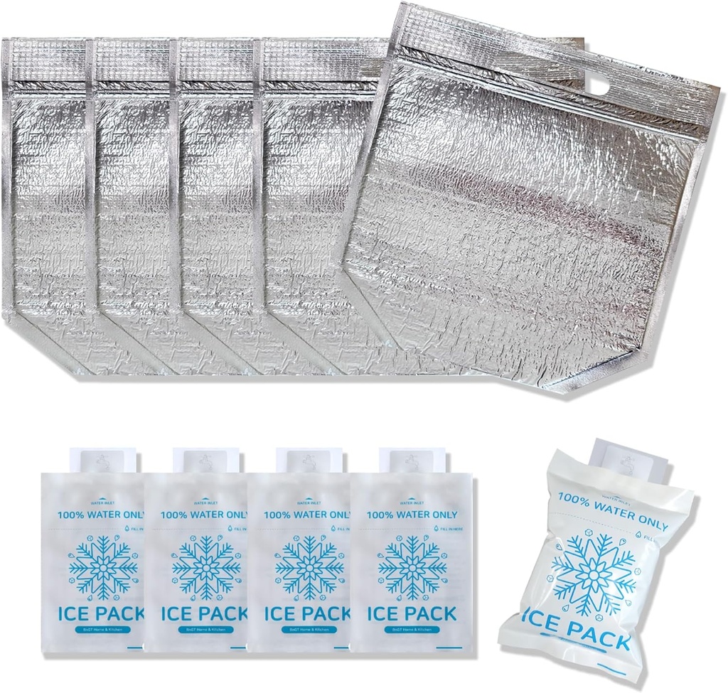 Insulated Lunch Bag with Zip Lock & Handle, Reusable Cool & Thermal Bags, Cooler Pouch, Hot & Cold, Ideal for Sandwich, Snack, Drink, Grocery, Camping (Large_5 bags 13.4 x 11.8 inches + 5 Ice packs)