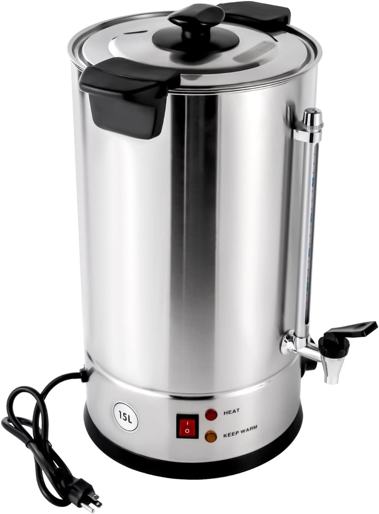 Coffee Urn, Commercial-Grade Large 15L Capacity Tabletop Coffee Urn, 1400w Stainless Steel Electric Hot Water Pot Urn, Double-layer Barrel Wall, Overheat Protection, Thermostable Design, Silver