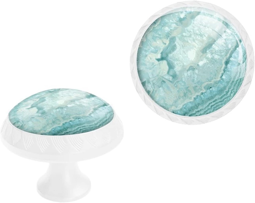 6 Pack White Drawer Knobs,Aquamarine Pastel and Teal Agate Pattern Print Crystal Cabinet Knobs Glass Dresser Knobs for Kitchen Bathroom Hardware