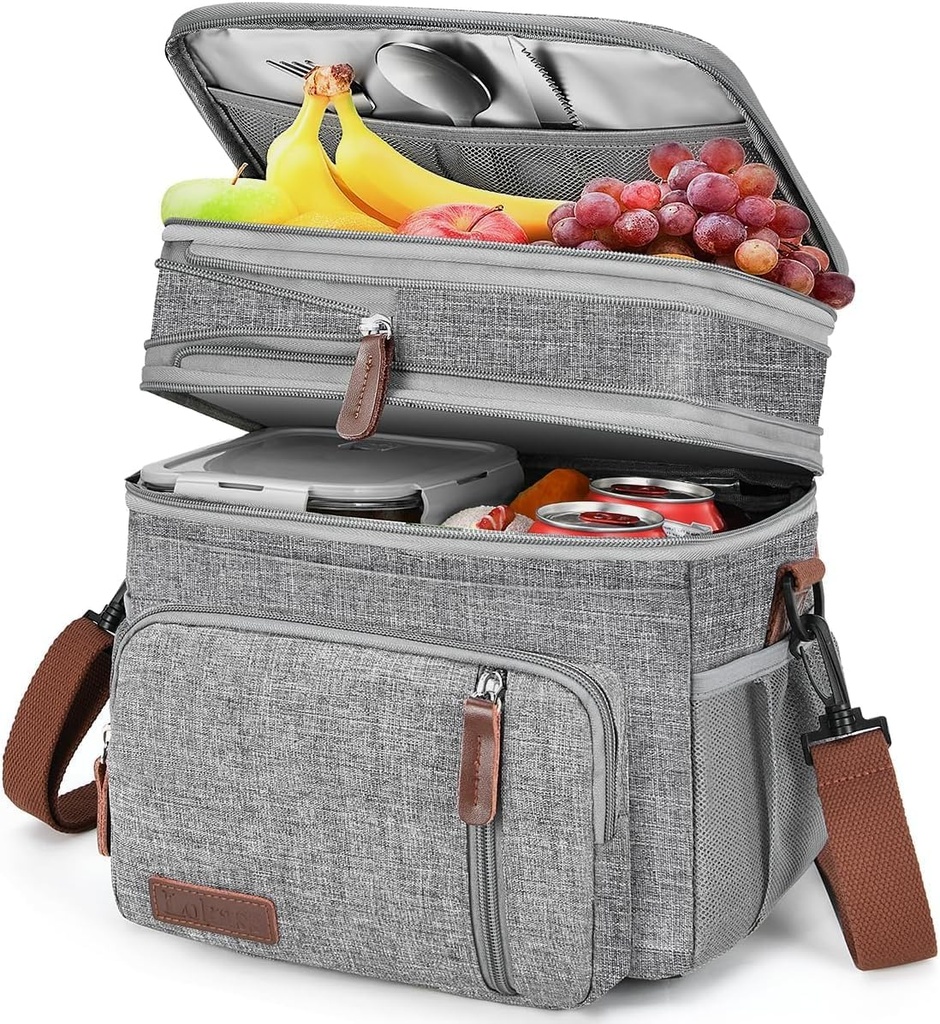 LOKASS Lunch Box for Women-Double Deck Insulated Adults Lunch Bag with Removable Shoulder Strap- Cute Wide Open Lunch Tote for Work/Office/Picnic/Beach/Travel (Grey)