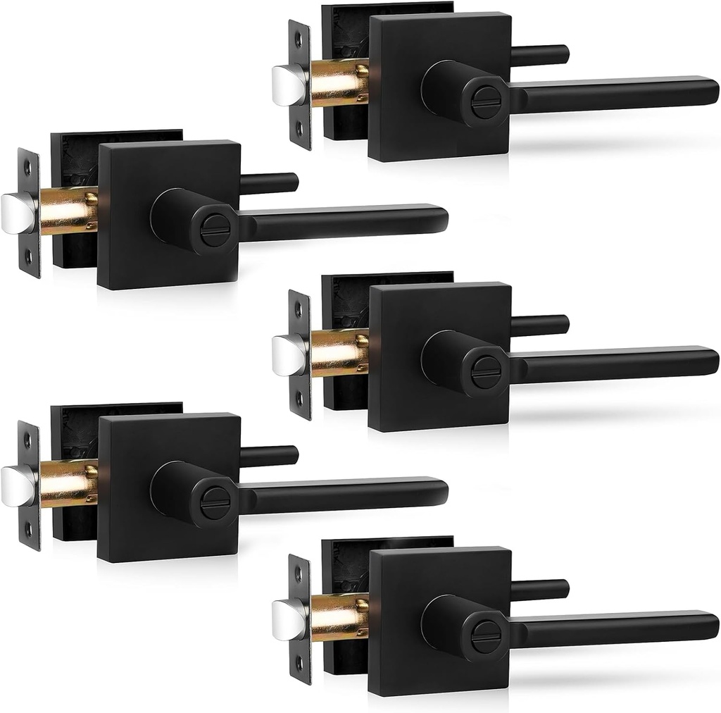 Privacy Door Levers, 5 Pack Black Door Handles Heavy Duty Bed and Bath Door Knobs Interior Keyless Door Locksets, Reversible for Left & Right Handed Doors