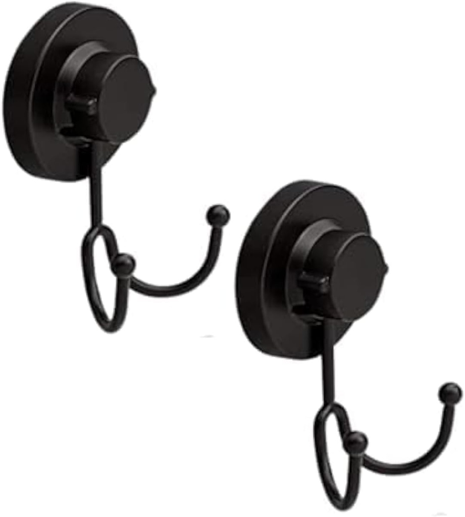 Gecko-Loc Heavy Duty Suction Cup Hooks (2 Pack - Black) Stainless Steel Shower Hooks for Shower, Bathroom & Kitchen - Durable Hold Loofah, Towels & More - Powerful Vacuum Seal Technology