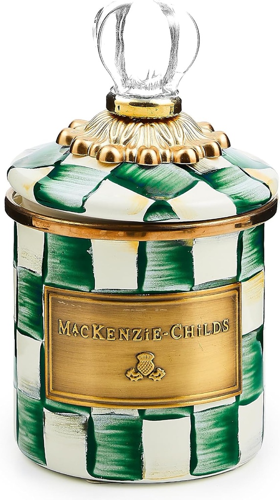 MACKENZIE-CHILDS Mini Enamel Canister, Kitchen Storage Container with Lid, Green-and-White Emerald Check