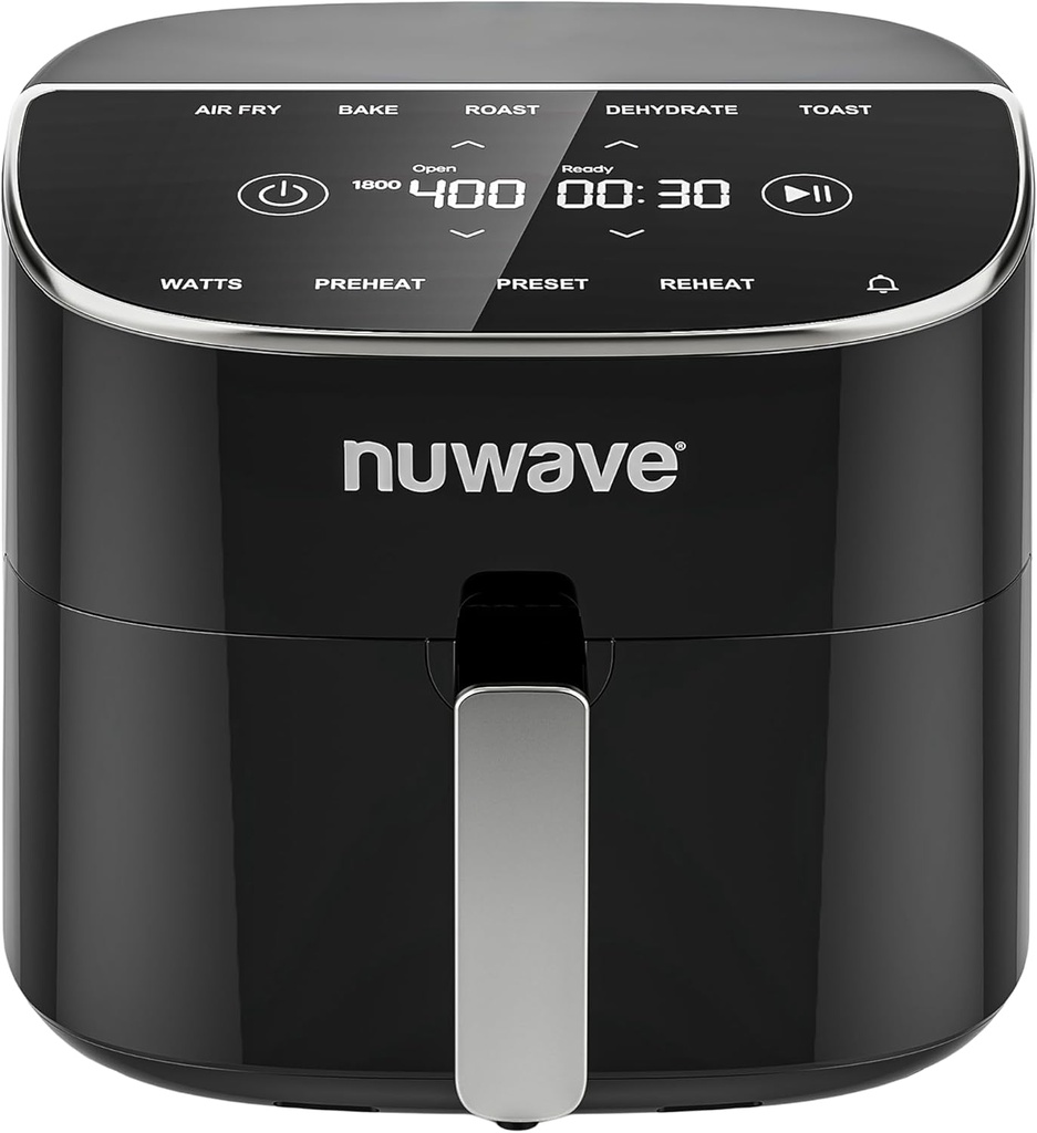 Nuwave Brio Plus 8 Qt Air Fryer, PFAS Free, New & Improved, Digital Touch Screen, Cool White Display, 50°F~400°F in Precise 5°, 5 Cook Functions, 100 Presets & 50 Memory, 3 Wattages 700, 1500, 1800