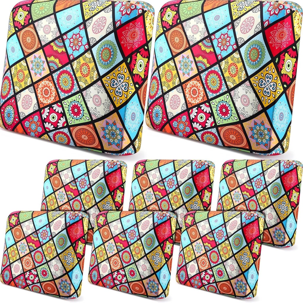 8 Pcs Outdoor Cushion Covers Bohemian Patio 25 Inch Stretchable Furniture Cushion Covers Floral Indoor Sofa Replacement Seat with Elastic Bottom