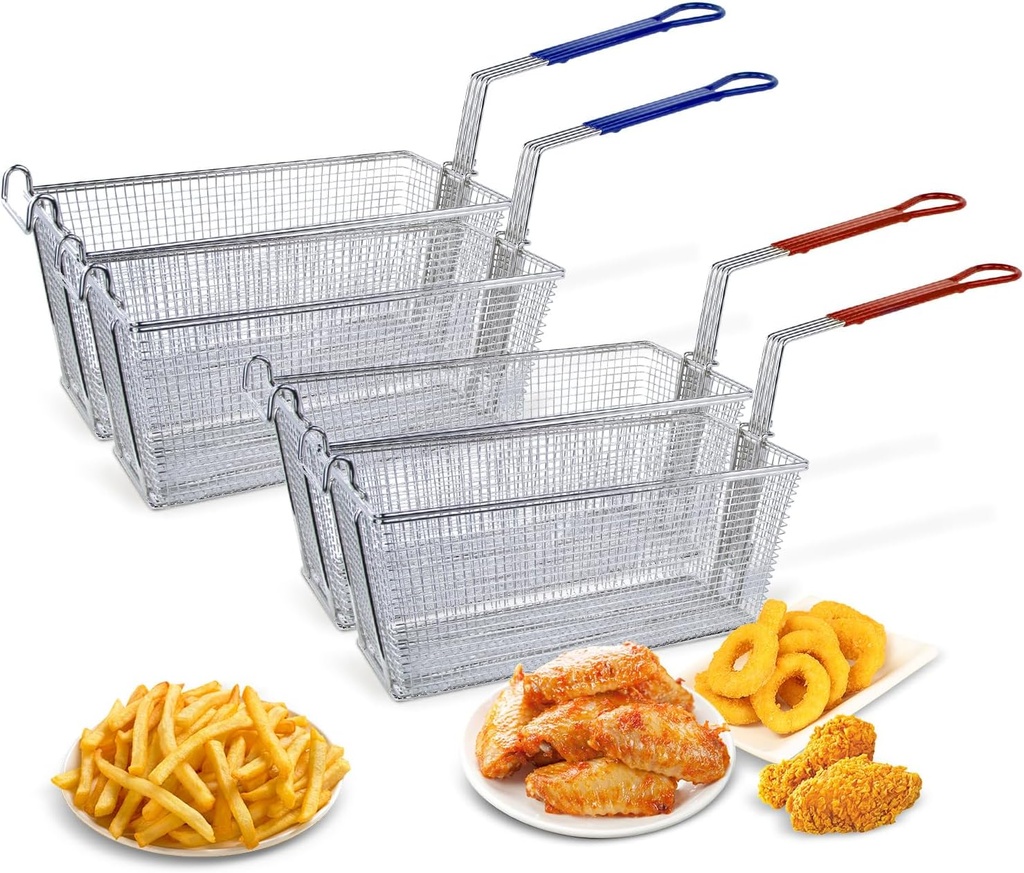 4-Pack Stainless Steel Deep Fryer Baskets with Non-Slip Handles, 13.25" x 6.5" x 6" - Commercial Grade French Fry Baskets for Restaurant & Home Kitchen