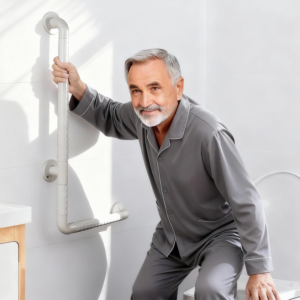 FSA Eligible, L Shaped Grab Bar for Shower, 16inch x 24inch Grab Bar for Bathtub and Shower, White Safety Bar with Luminous Rings, Handicap Grab Bars for Bathroom, Stainless Steel, Non-Slip Handrail