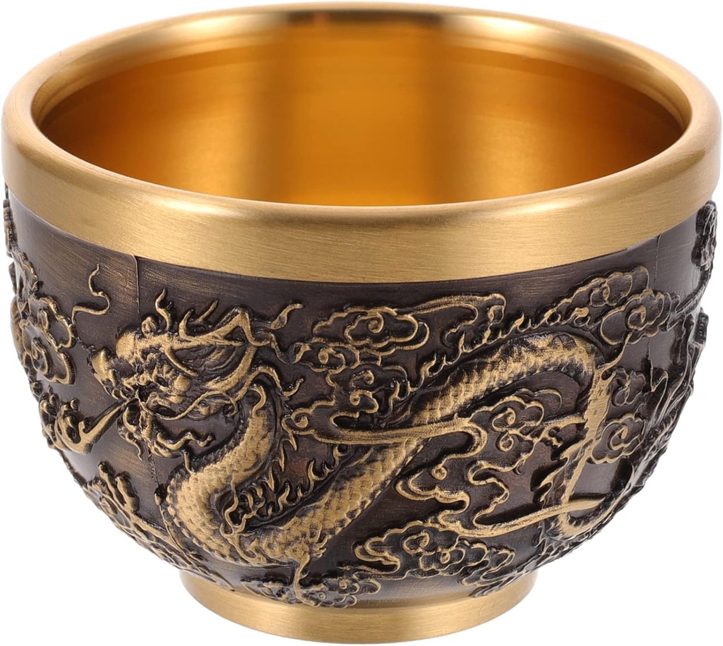 Cabilock Dragon and Phoenix Copper Tea Cup 2.36 Inch Brass Traditional Chinese Tea Cup Embossed Oriental Drinkware for Home Dining Ceremony