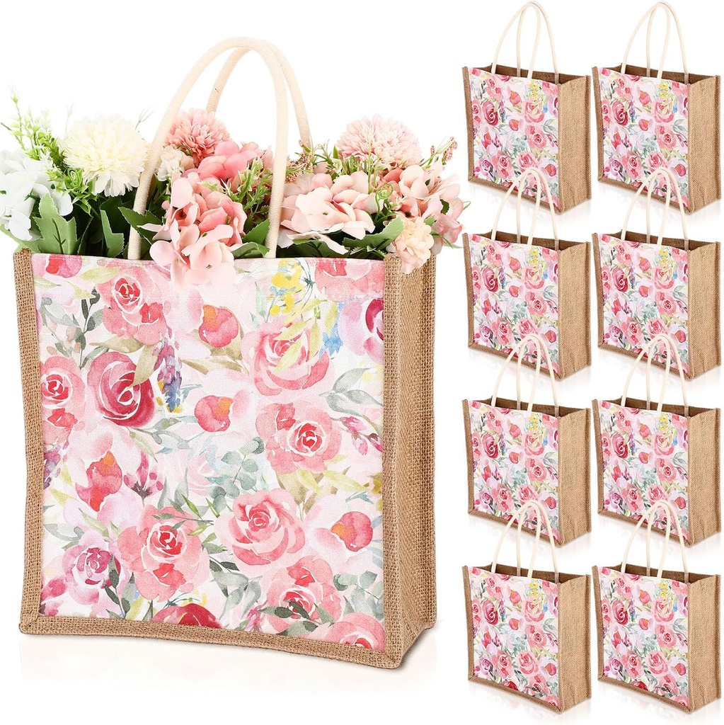 8 Pcs Jute Floral Totes Bags Reusable Grocery Bags with Handle Burlap for Tea Birthday Baby Bridal Shower Wedding Treat Gift