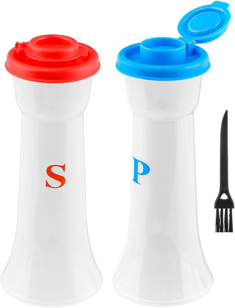 3pcs Plastic Salt and Pepper Shaker Set with Lids, Airtight Spice Jar Dispenser, Hourglass Covered Mini Salt Shaker for Restaurant Cleaning Brush Camping Home Kitchen Picnic