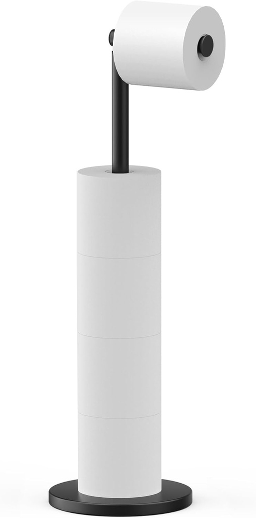 Kusmil Free Standing Toilet Paper Holder Stand, Black Toilet Paper Holder Stainless Steel Rustproof Tissue Roll Holder Floor Stand Storage for Bathroom
