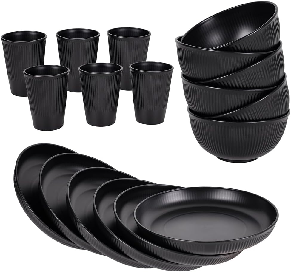 18pcs Wheat Straw Dinnerware Sets HXYPN Unbreakable Dinnerware Set Kitchen Cups Plates and Bowls Sets Reusable Dish Sets Dishwasher and Microwave Safe Plates Black