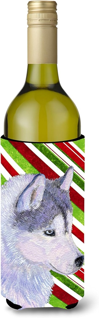 Caroline's Treasures SS4533LITERK Siberian Husky Candy Cane Holiday Christmas Wine Bottle Hugger Bottle Cooler Sleeve Hugger Machine Washable Collapsible Insulator Beverage Insulated Holder