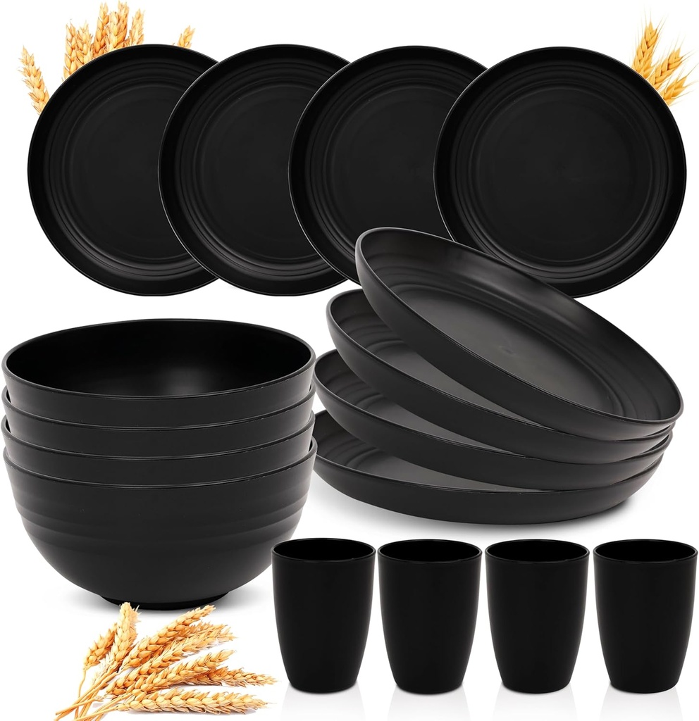 Wheat Straw Dinnerware Sets for 4 - GreenChoice Lightweight & Unbreakable Dishes Microwave & Dishwasher Safe Perfect for Camping, Picnic, RV, Dorm Plates, Cups and Bowls (Black)