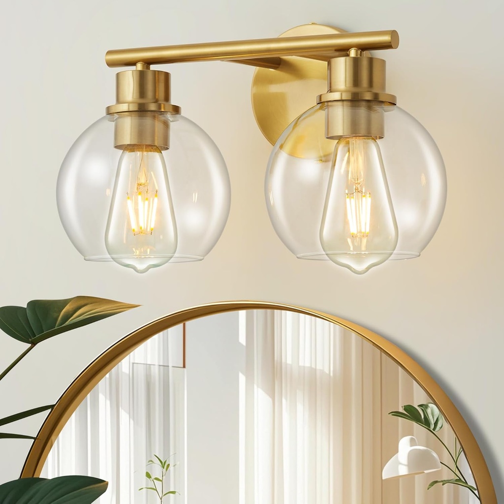 Bathroom Light Fixtures Over Mirror 2-Lights Bathroom Vanity Light with Clear Glass Shade 13.8 inch Gold Wall Sconce Brushed Brass Vanity Lighting Bathroom Light for Bath