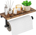Paper Towel Holder Wall Mount with Shelf - Wooden Hanging Paper Towel Holder for Bathroom, Wall Mounted Hand Towel Holder, Paper Towel Rack for Bathroom, Kitchen, Laundry Room, Rustic Brown