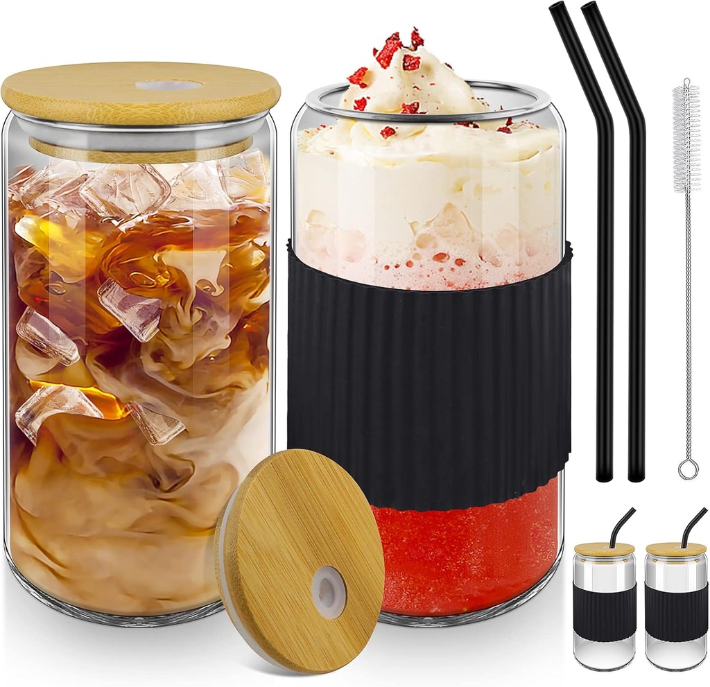 Drinking Glass Cups with Bamboo Lids and Silicon Straws-2PCS 16oz Iced Coffee Glasses-Beer Can Shaped Set-Cute Tumbler Cup-Ideal for Cocktail/Whiskey/Soda/Tea-Coffee Bar Accessories Gift