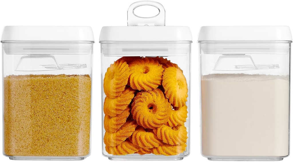 Felli Flip Tite Storage Container with Built-In Spoon & Airtight Lid 5” Large-M Ring Flip Top, Stackable Acrylic Canister for Sugar Flour Powder, Kitchen Pantry Organizer (1.8qt) - 2 spoons only