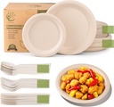 Compostable Paper Plates Set - 250PCS Disposable Heavy Duty Sugarcane Plate & Eco-Friendly Utensil Biodegradable Dinnerware Plates, Extra Long Forks, Knives & Spoons for Party (Brown)