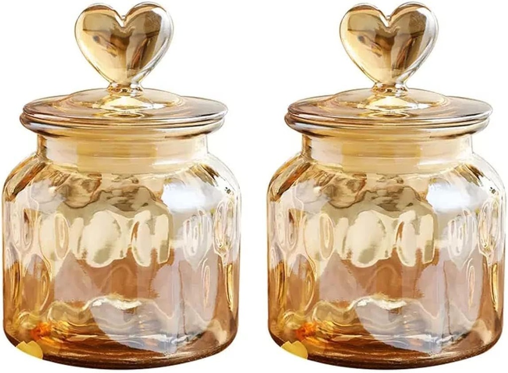22oz Airtight Glass Jars with Cute Heart Shaped Lids, Wedding Candy Jar Kitchen Storage Jar for Candy Cookie Nuts Coffee Tea (Amber 2PCS)
