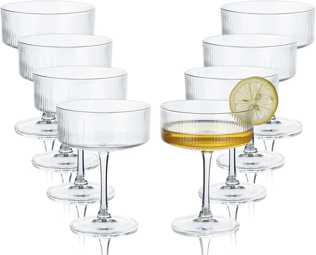 Martini Glasses set of 8, 10 oz Ribbed Coupe Glasses Champagne Coupe Glasses Set for Wine，Margarita Glass