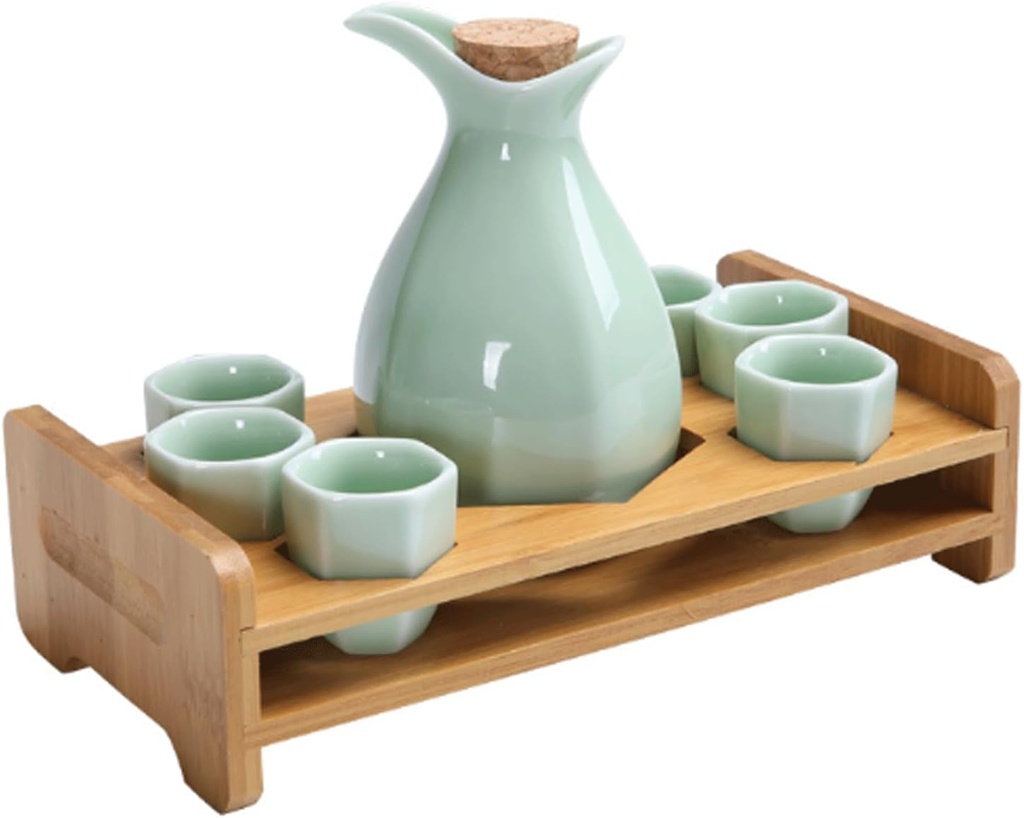 Japanese Sake Set 7 Piece Saki Cup Set Ceramic Sake Cups Hot and Cold Sake Container Sake Gift Set with Holder Shelf