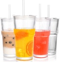 20 oz Ribbed Glass Tumblers With Lids and Straws,Clear Drinking Glasses Set of 4,Reusable Vintage Iced Coffee Cups,Leak Proof Thick Glass Cups for Juice,Cocktail,Smoothie,Beer,Boba