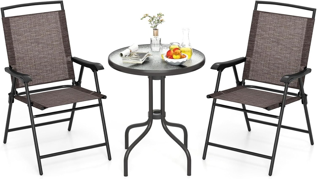 3-Piece Patio Bistro Set, Outdoor & Indoor Conversation Set, Patio Furniture Set with Round Table and 2 Foldable Chairs for Garden/Pool/Backyard