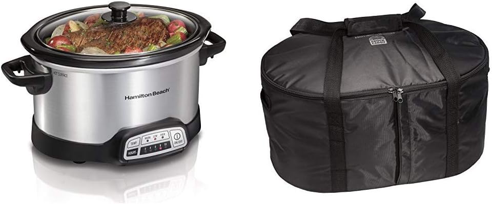 Hamilton Beach 4-Quart Programmable Slow Cooker With Dishwasher-Safe Crock and Lid, Silver (33443) & Hamilton Beach Travel Case & Carrier Insulated Bag (33002),Black