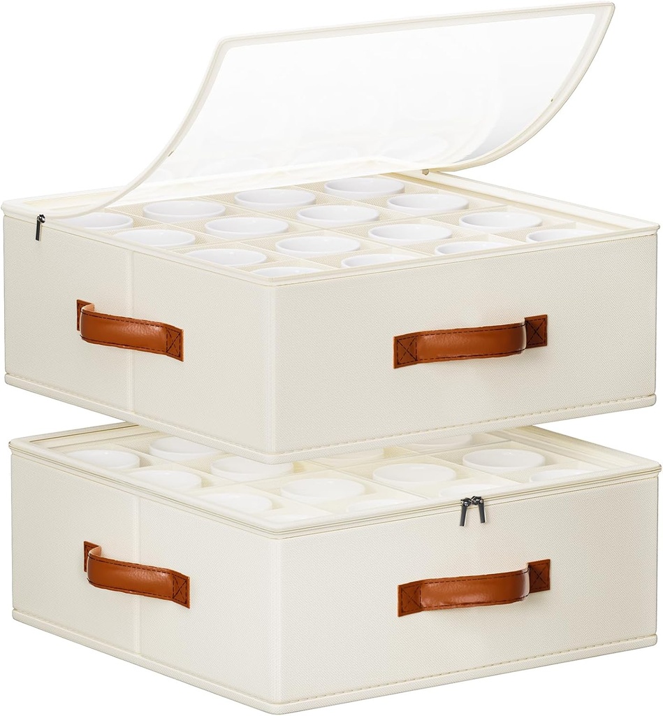 2 Pack Coffee Mug Storage Box with Dividers, Stackable China Storage Containers with Lid, Zipper, and Handles for 32 Coffee Mugs and Cups, Mug Storage Organizer for Packing & Moving, Beige