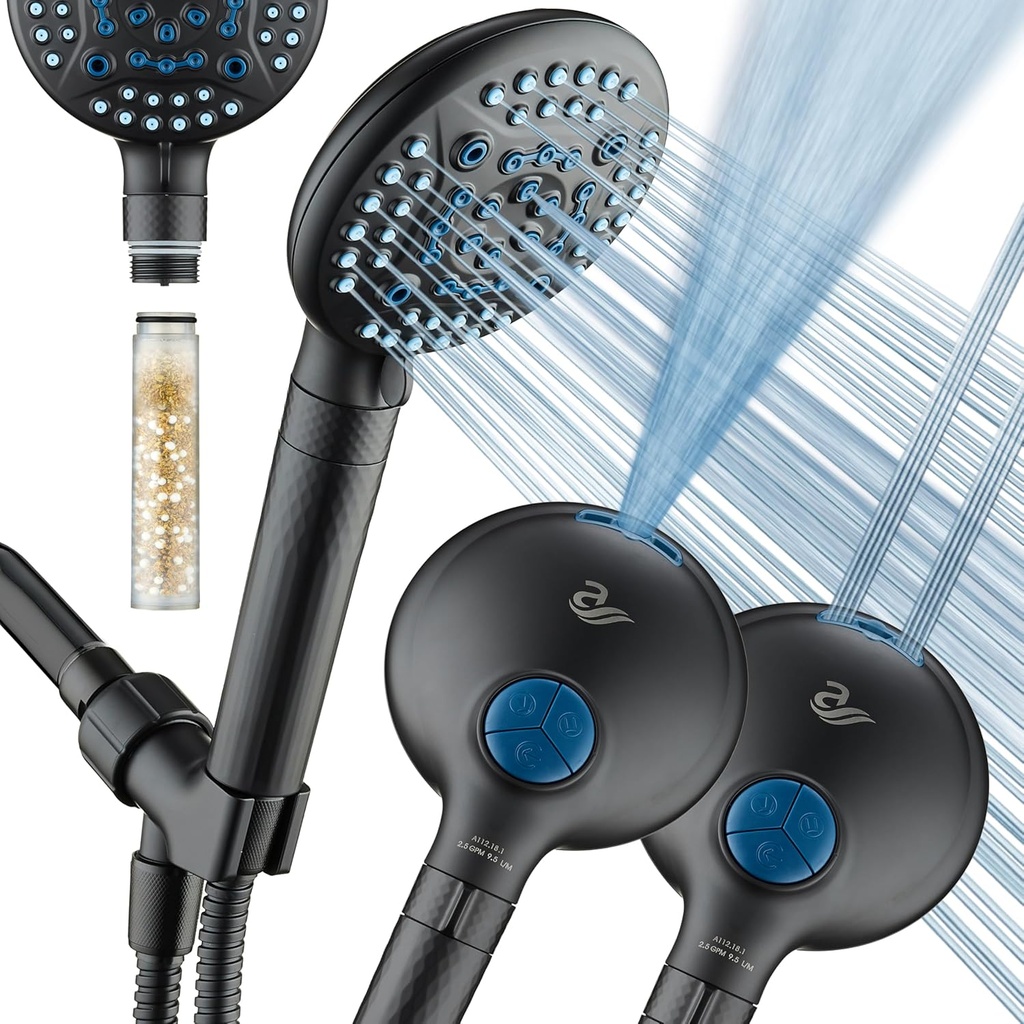 AquaCare 4X High Pressure 10-mode Filter Handheld Shower Head with Dual Power Wash - Clean Tub, Tile & Pets, Remove Chlorine, Metals & Toxins from Water to Protect Skin, Hair & Nails. Matte Black