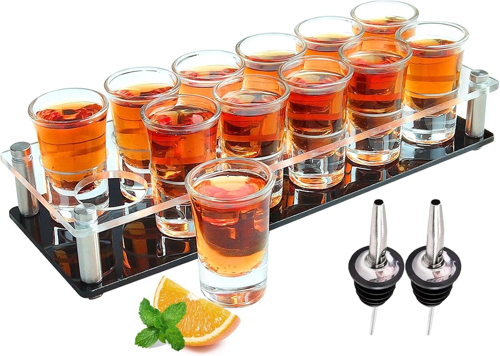 INFTYLE Acrylic Shot Glass Tray Holder with 12 Shot Glasses 1oz Thick Base Bar Shot Glasses Organizer Wine Glass Cup Serving Tray Display Easy Assembly Clear Shot Glass Rack for Party Weddings Gifts