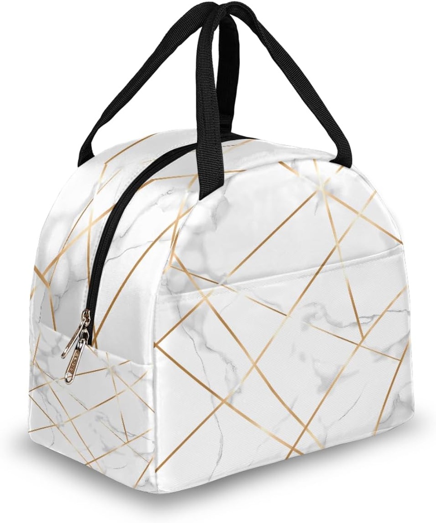 AUUXVA Lunch Bag Geometric Gold Lines Marble Print, Lunch Box Insulated Tote Bags with Handle, Reusable Cooler Ice Pack Handbag for Women Men